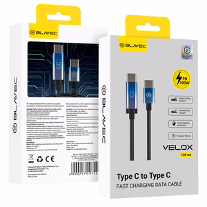 Blavec Laidas Velox pintas - Typ C na Typ C - PD 100W 5A LED display 1,2 metra Apple CarPlay/Android Auto (CVE-CC5B12) juodas