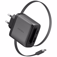 Tinklo įkroviklis Energea Ampcharge Arc 65 USB-A/USB-C + susisukantis laidas USB-C PD/PPS/QC3.0 GaN gunmetal