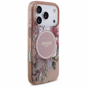 Dėklas Guess IML Flowers Strap MagSafe Apple iPhone 17 Pro rožinis