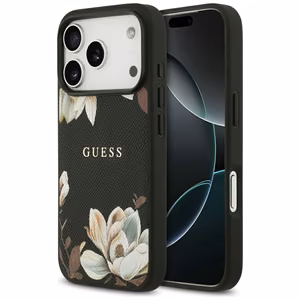 Guess Grained Flowers Classic Logo MagSafe чехол iPhone 17 Pro - черный
