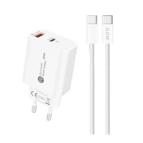 A6MaxL 20W USB-A USB-C sieninis įkroviklis su USB-C - USB-C 1m kabeliu – baltas