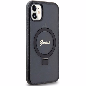 Guess Ring Stand Script Glitter Magnetinis dėklas telefonui iPhone 11 / Xr - juodas