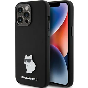 Karl Lagerfeld Silikoninis Choupette Metal Pin dėklas telefonui iPhone 15 Pro - rožinis