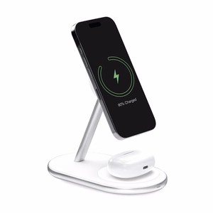 2in1 Puro Mag Station belaidė įkrovimo stotelė telefonui ir ausinėms - balta