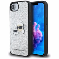 Karl Lagerfeld blizgus fiksuotas Ikonik metalinis ženklelis dėklas telefonui iPhone 16e - sidabrinis