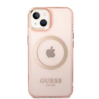Guess GUHMP14SHTCMP iPhone 14 6.1" rožinis kietas dėklas su auksiniu kontūru, permatomas, magnetinis (MagSafe)