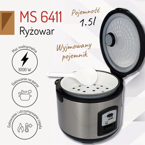 Mesko MS 6411 – рисоварка, 1000 Вт, 1,5 л, нержавеющая сталь/чёрная