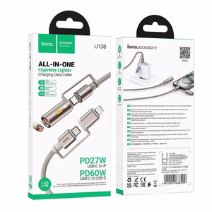 Laidas All-in-one USB C / Lightning į USB C / Automobilinė cigarečių degiklė Hoco PD 3A 60W 1,2 m U138 juodas