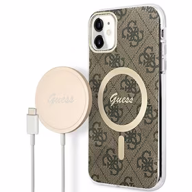 Rinkinys Guess GUBPN61H4EACSW Dėklas+Įkroviklis iPhone 11 6.1" rudas/rudas kietas dėklas 4G Spauda Magnetinis