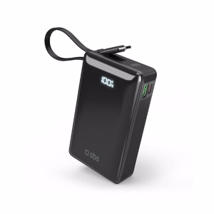Išorinė baterija SBS 20000 mAh 20W su įmontuotu USB-C kabeliu ir skaitmenine indikacija - juoda