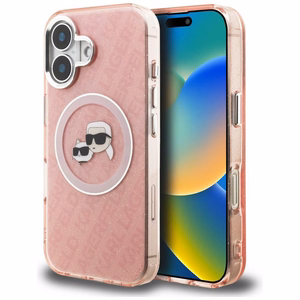 Karl Lagerfeld IML Glitter Karl & Choupette Heads Logo MagSafe dėklas iPhone 16 - rožinis