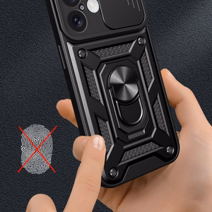 Hybrid Armor Camshield šarvuotas dėklas telefonui iPhone 16 su kameros dangteliu ir stovu - juodas