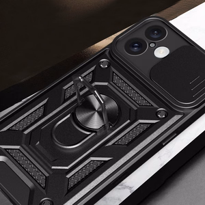 Hybrid Armor Camshield šarvuotas dėklas telefonui iPhone 16 Plus su kameros dangteliu ir stovu - juodas