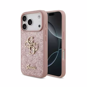Guess PU Fixed Glitter 4G Metal Logo dėklas Apple iPhone 18 Pro, rožinis