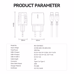 BWOO sieninis įkroviklis CDA182 QC 38W 1x USB-A + 1x USB-C su USB-C kabeliu 1 m juodas