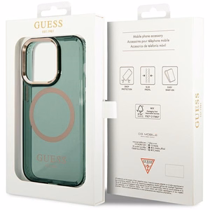 Guess GUHMP14XHTCMA iPhone 14 Pro Max 6.7 kietasis dėklas – žalias/khaki – su auksiniu kontūru ir skaidrus MagSafe