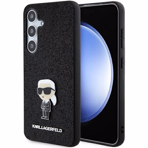Karl Lagerfeld blizgus fiksuotas Ikonik logotipo metalinis ženklelis dėklas telefonui Samsung Galaxy S24+ - juodas