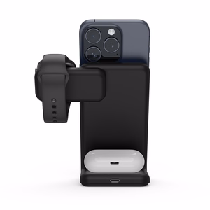 Crong MagSpot Pivot Stand 3 viename belaidis įkroviklis, skirtas iPhone, Apple Watch ir AirPods, suderinamas su MagSafe, juodas