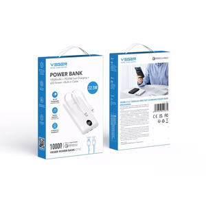 VEGER išorinė baterija 10000 mAh su įmontuotais kabeliais Type C / Lightning PD QC3.0 2A 22,5W C11C (W1170) balta
