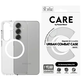CARE by PanzerGlass Flagship Urban Combat White QI dėklas telefonui Samsung Galaxy S25 - permatomas