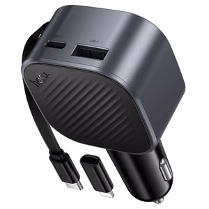 Automobilinis įkroviklis Hoco Z68, USB-A + USB-C, PD QC3.0, 45 W, su ištraukiamu USB-C kabeliu, juodas