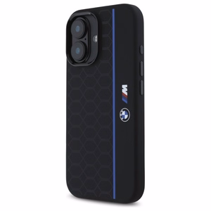 BMW Silikoninis Hexagon Blue Line Magnetinis dėklas iPhone 16 - juodas