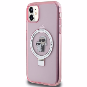 Karl Lagerfeld Magnetinis dėklas telefonui su žiediniu stovu Karl&Choupette MagSafe iPhone 11 / Xr - rožinė