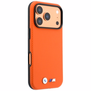 BMW M Quadrille Kevlar Metal Logo MagSafe dėklas, skirtas iPhone 17 Pro / 18 Pro – oranžinis