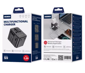 JELLICO universalus kelioninis adapteris S9 PD 2xUSB-C + 1xUSB 3.4A Max 2500W juodas