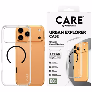 CARE by PanzerGlass Flagship Urban Explorer dėklas su juodu MagSafe iPhone 17 Pro Max - permatomas