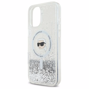 Karl Lagerfeld skystas blizgučių Karl galvos MagSafe dėklas iPhone 16 Plus - skaidrus