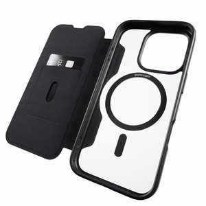 Puro Book Mag Magnetinis odinis dėklas su atvartu ir kortelių skyriumi telefonui iPhone 16 Pro - juodas