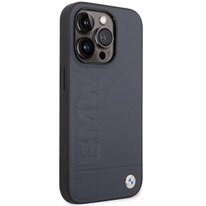 Dėklas telefonui BMW BMHMP14XSLLNA iPhone 14 Pro Max 6.7 - mėlynas odinis karšto štampavimo MagSafe