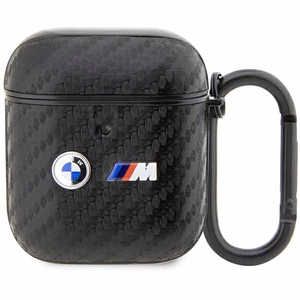 BMW BMA2WMPUCA2 AirPods 1/2 dėklas juodas/juodas anglies su dvigubu metaliniu logotipu