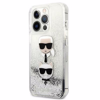 Karl Lagerfeld Skystas Glitter Karl&Choupette Galvos dėklas iPhone 13 Pro / iPhone 13 - sidabrinis