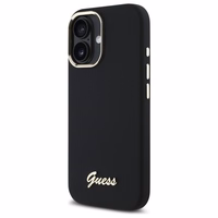 "Guess" silikoninis "iPhone 16 Plus" korpusas su metaliniu logotipu ir rėmeliu - juodas