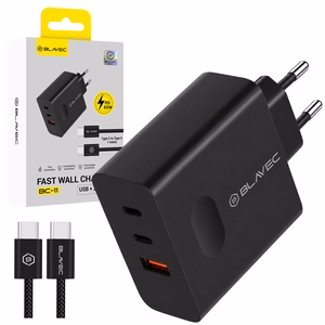 Blavec sieninis įkroviklis BC-11 GaN - USB + 2xType C - QC PD 65W 3A su Type C į Type C laidu (TCBC11G-U2CB653A) juodas