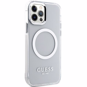 Guess Metal Outline MagSafe dėklas iPhone 12 / iPhone 12 Pro – sidabrinis