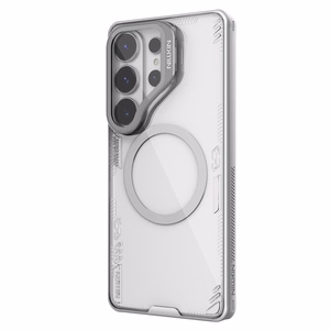 Nillkin Iceblade Prop magnetinis MagSafe dėklas su kameros dangteliu ir stovu skirta Samsung Galaxy S26 Ultra permatomas pilkas