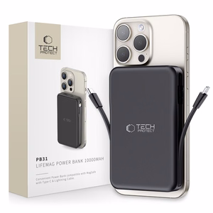 Tech-Protect LifeMag PB31 išorinė baterija su MagSafe 10000mAh 15W USB-C / USB-A / įmontuotu USB-C / Lightning kabeliais - juoda