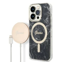 Rinkinys Guess GUBPP14LHMEACSK dėklas + įkroviklis iPhone 14 Pro 6.1" juodas/juodas kietas dėklas Marble Magnetinis