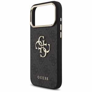 Guess PU Leather 4G Metal Logo Gold Frame dėklas Apple iPhone 18 Pro Max, juodas