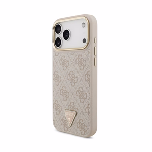 Dėklas Guess PU Leather 4G Strass Triangle Logo Gold Frame MagSafe Apple iPhone 18 Pro Max rožinis