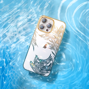 Prabangus iPhone 14 dėklas su Kingxbar Phoenix kristalais - auksinis ir mėlynas