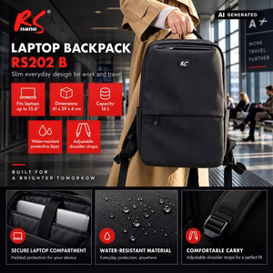 NanoRS Laptop Backpack, 15.6", Black, 41x29x4, Waterproof RS202 B