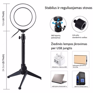 LED žiedinė lempa 12cm, su trikoju staliniu stovu iki 24.5cm, USB, RGBW