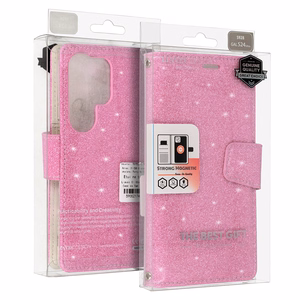 Glitter Magsafe knygos stiliaus dėklas Samsung Galaxy S23 Plus rožinis
