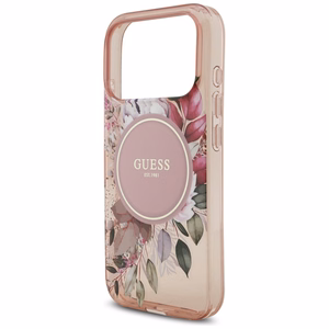 Dėklas Guess IML Flowers Strap MagSafe Apple iPhone 17 Pro rožinis