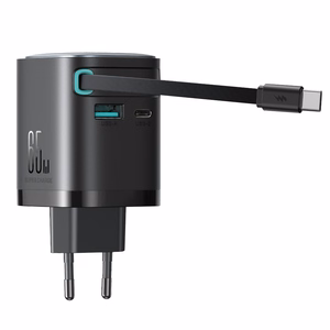Joyroom JR-TCL02 65W USB-A USB-C GaN įkroviklis su įmontuotu USB-C kabeliu - juodas