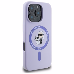 Dėklas telefonui Karl Lagerfeld Silikoninis Karl&Choupette Heads Ring MagSafe iPhone 16 Pro - violetinis